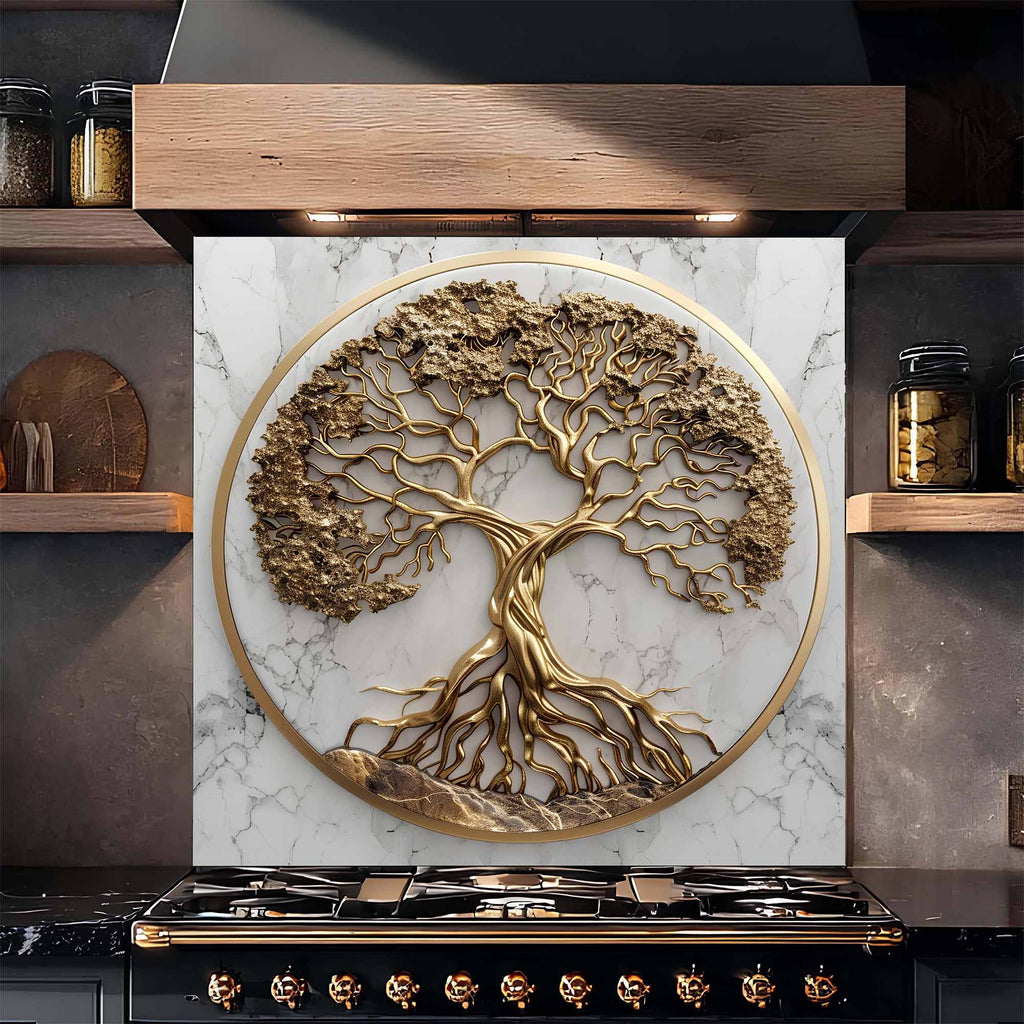 Golden Marble Tree Kitchen Backsplash – Tempered Glass Backsplash for Stove