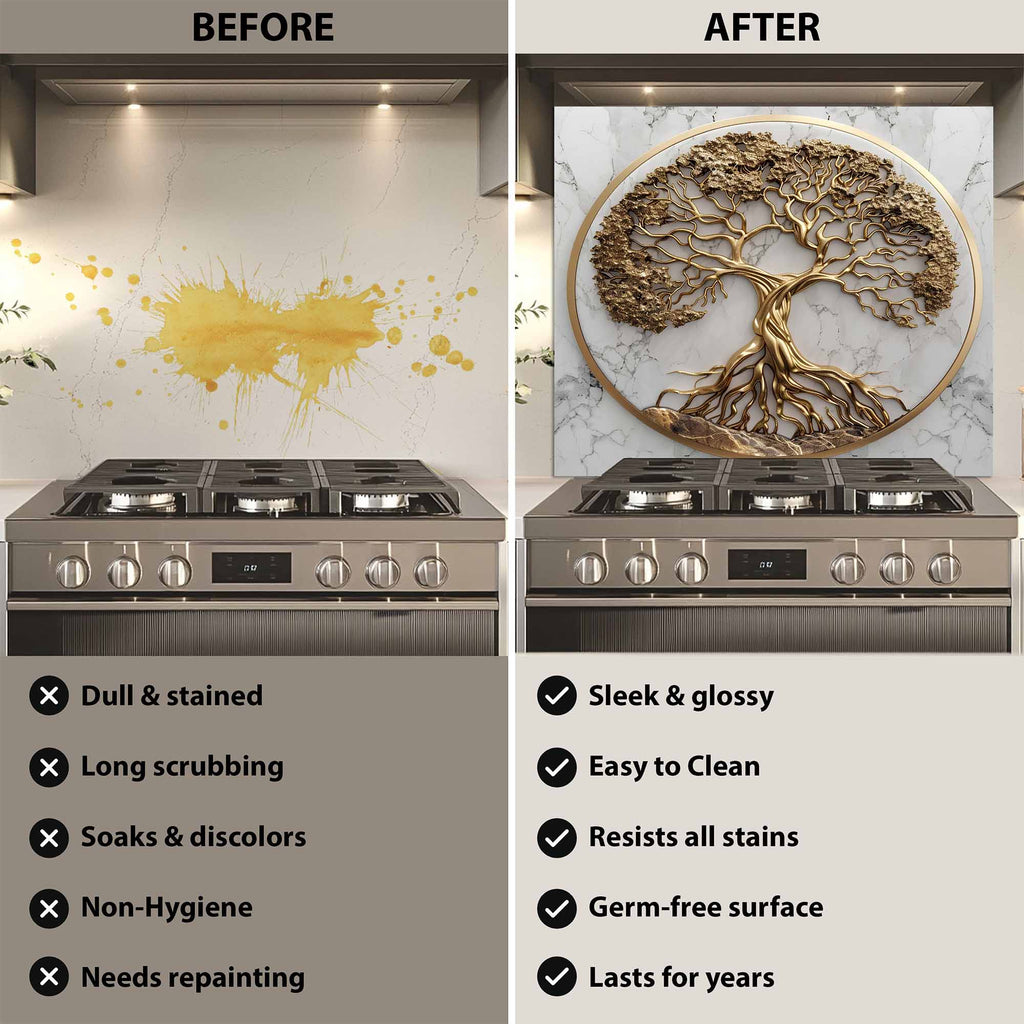 Golden Marble Tree Kitchen Backsplash – Tempered Glass Backsplash for Stove