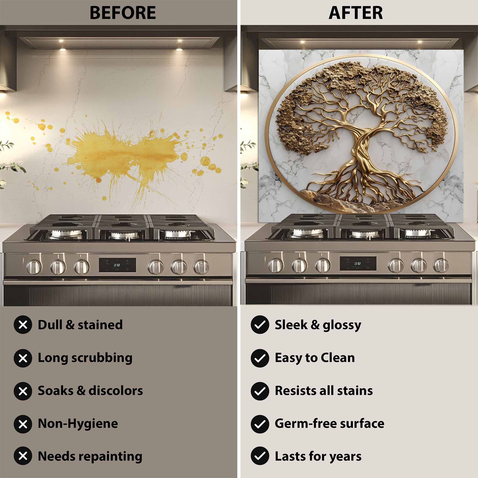 Golden Marble Tree Kitchen Backsplash – Tempered Glass Backsplash for Stove